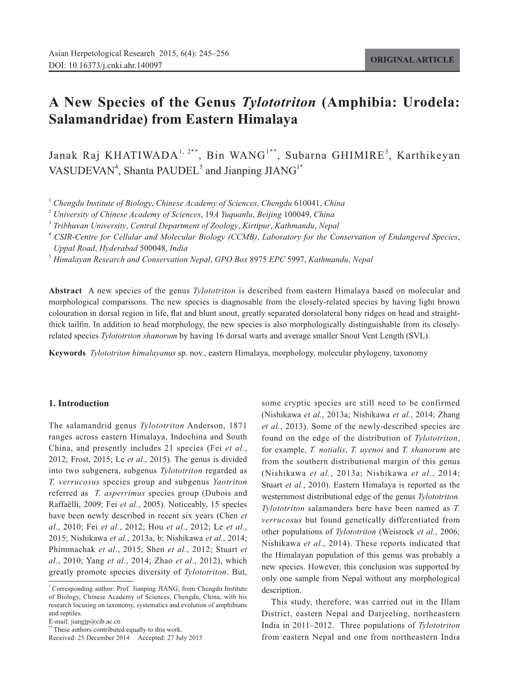 A New Species of the Genus Tylototriton (Amphibia: Urodela: Salamandridae) from Eastern Himalaya