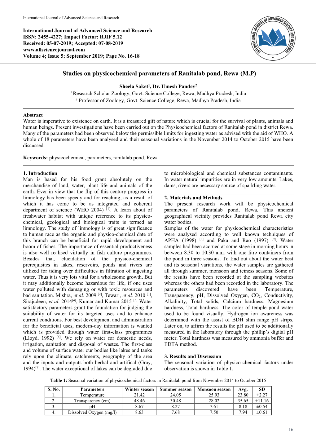 Studies on Physicochemical Parameters of Ranitalab Pond, Rewa (M.P)