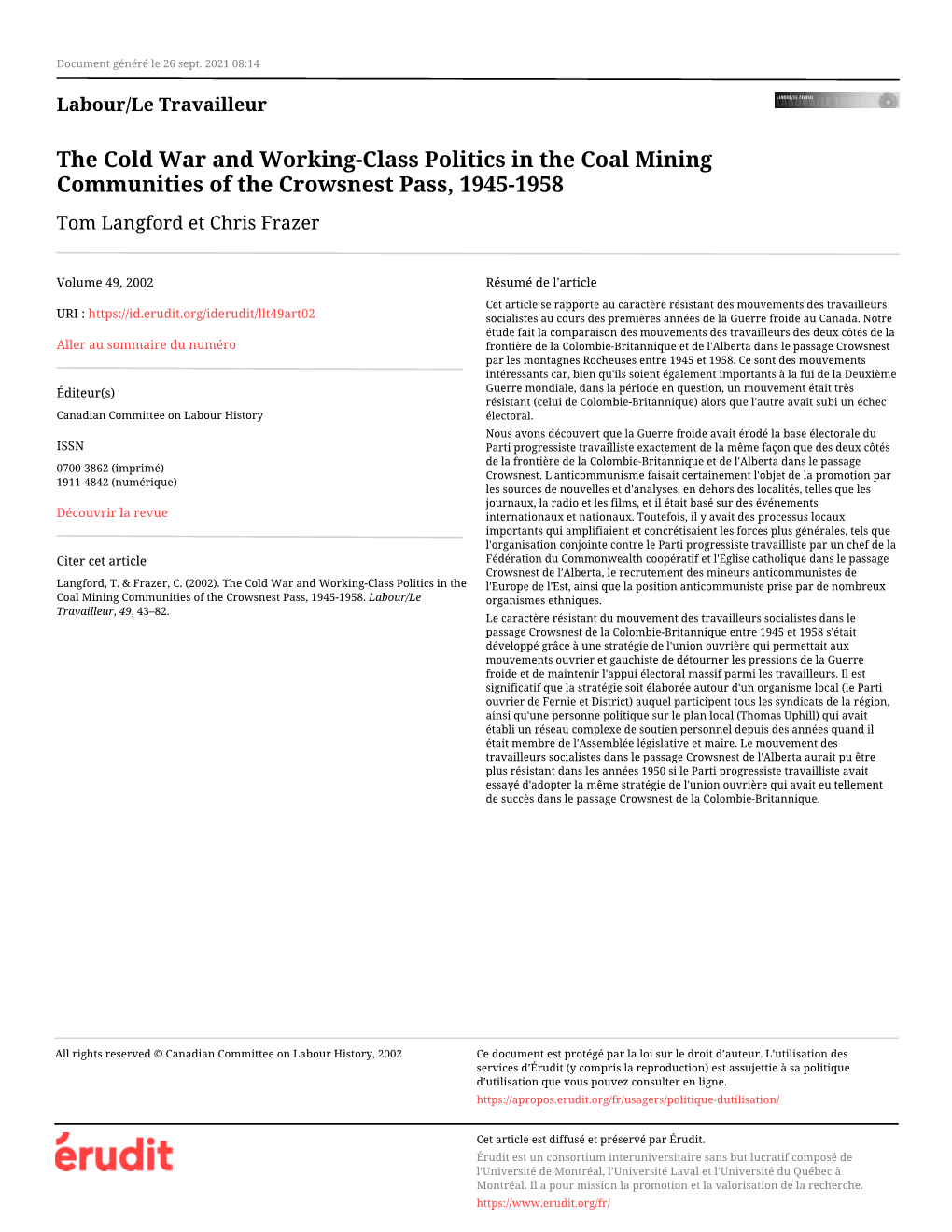 The Cold War and Working-Class Politics in the Coal Mining Communities of the Crowsnest Pass, 1945-1958 Tom Langford Et Chris Frazer