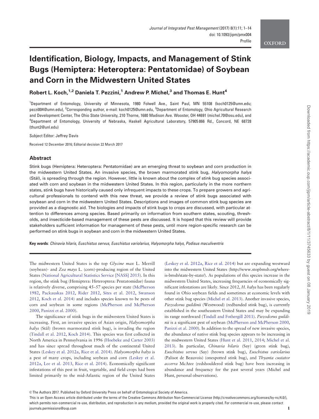 Identification, Biology, Impacts, and Management of Stink Bugs (Hemiptera: Heteroptera: Pentatomidae) of Soybean and Corn in the Midwestern United States