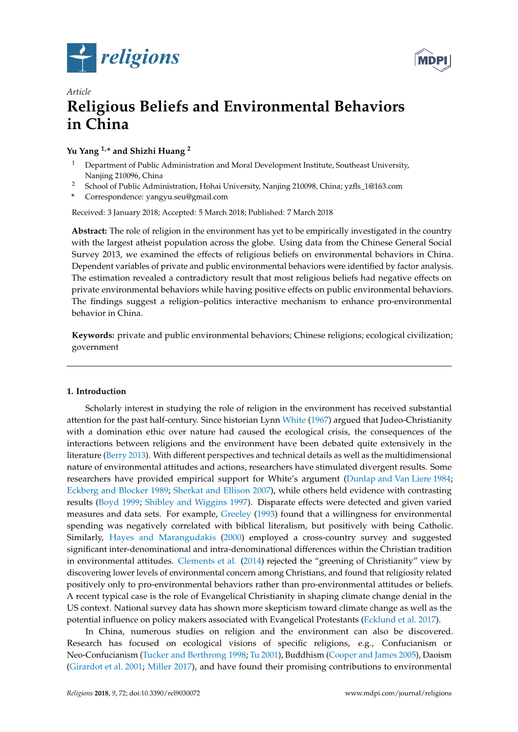 Religious Beliefs and Environmental Behaviors in China