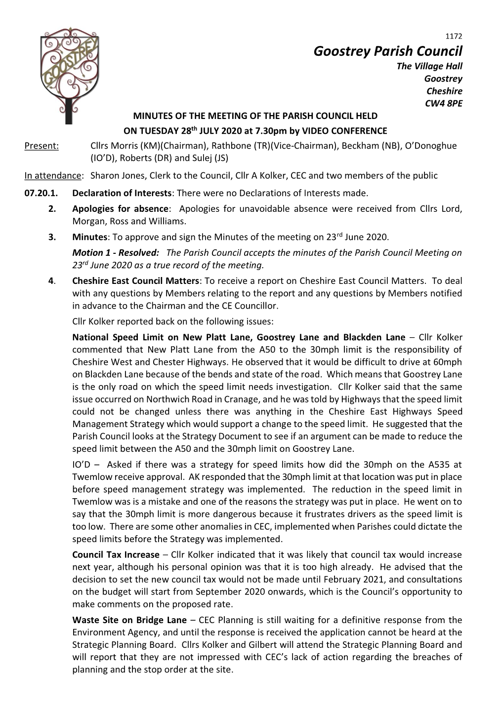 Parish Council Meeting Minutes 28Th July 2020