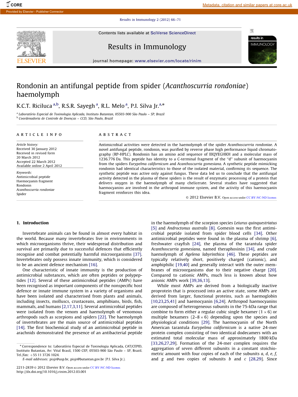 Rondonin an Antifungal Peptide from Spider (Acanthoscurria Rondoniae) Haemolymph