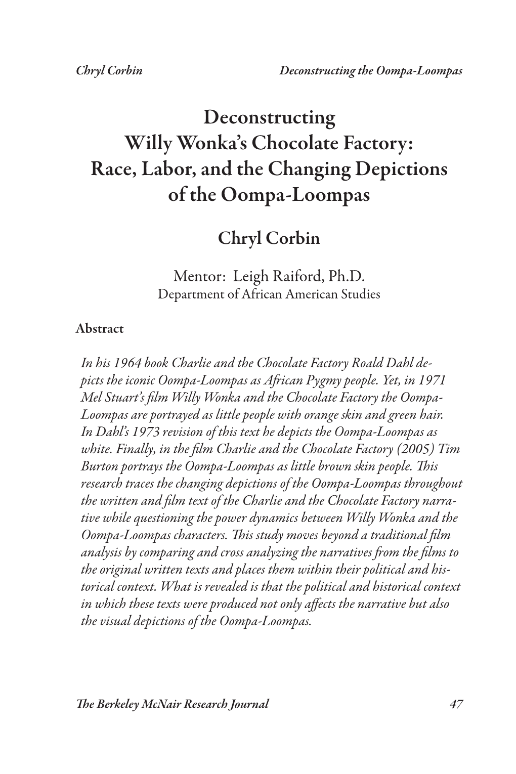 Deconstructing Willy Wonka's Chocolate Factory: Race, Labor