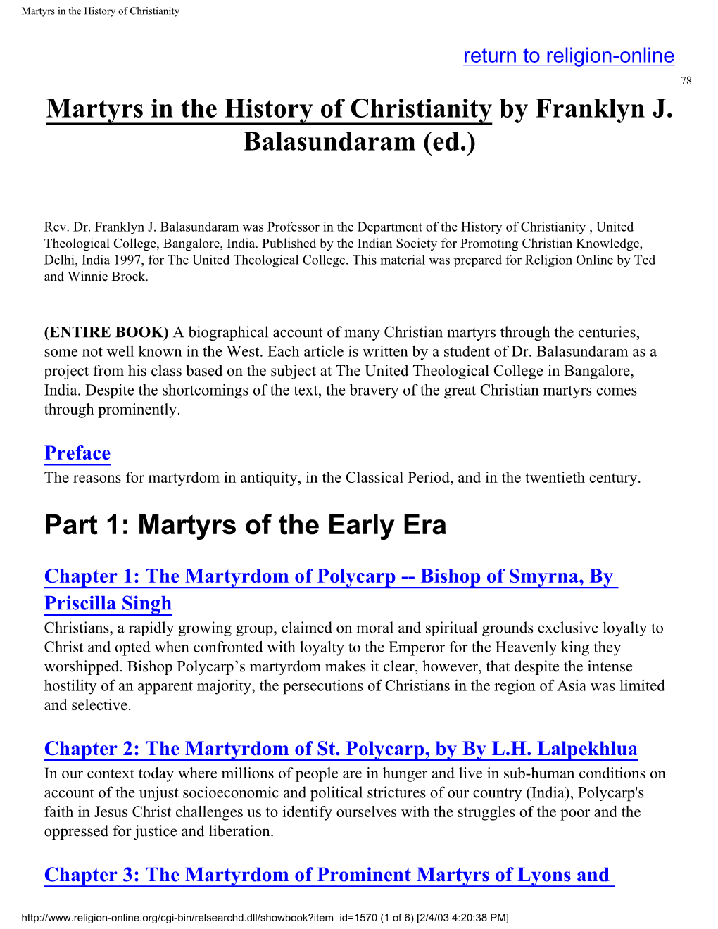 Martyrs in the History of Christianity by Franklyn J. Balasundaram (Ed.)