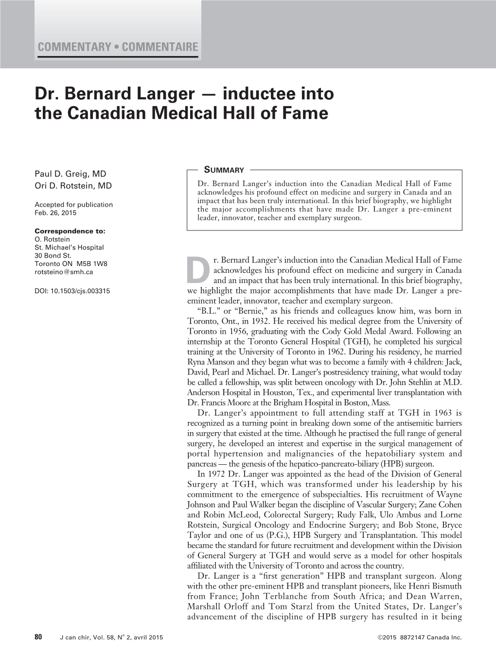 Dr. Bernard Langer — Inductee Into the Canadian Medical Hall of Fame