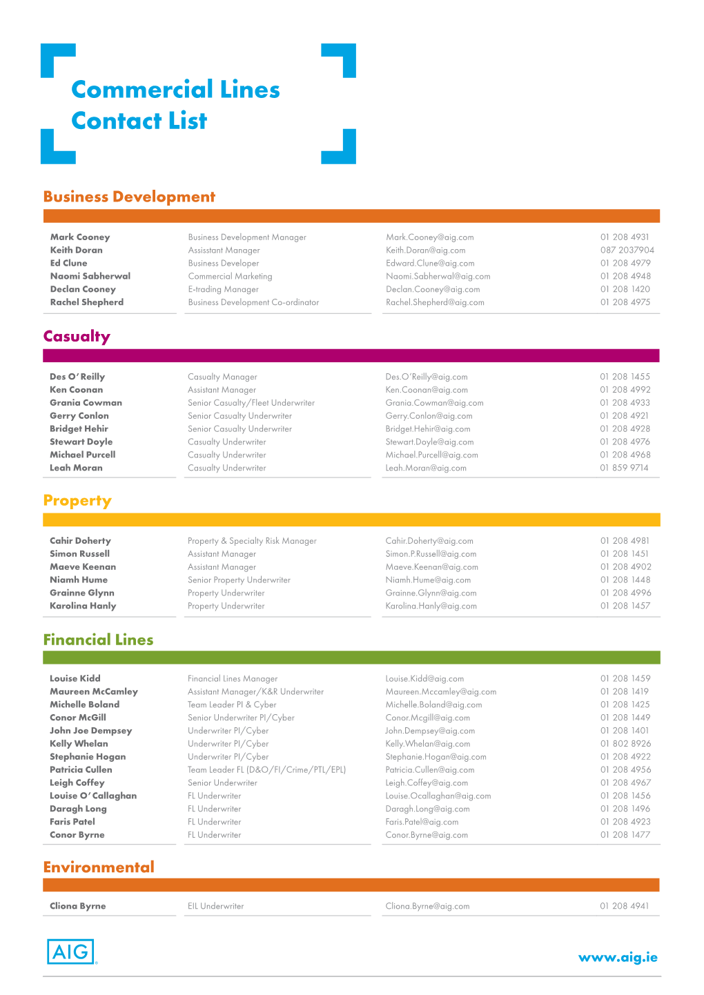 Commercial Lines Contact List