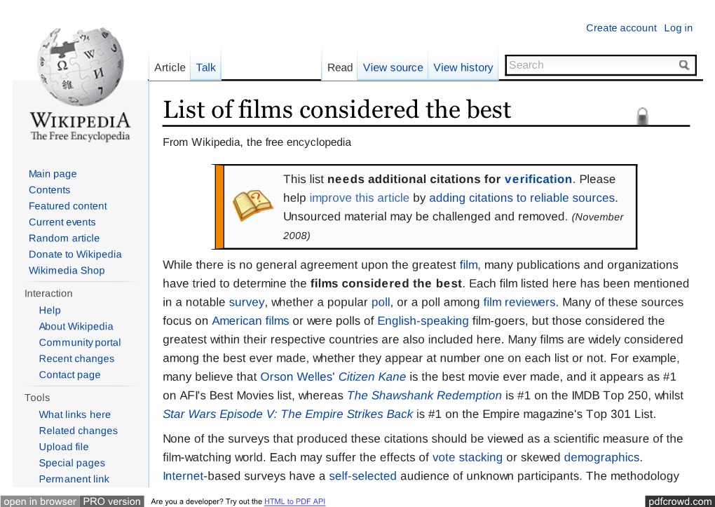 List of Films Considered the Best