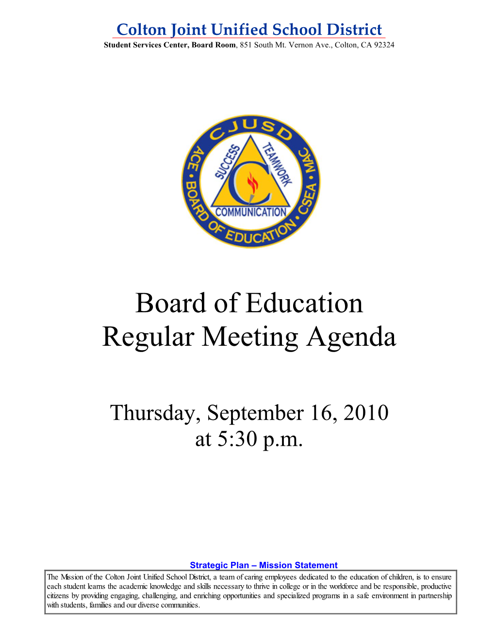 Board of Education Regular Meeting Agenda