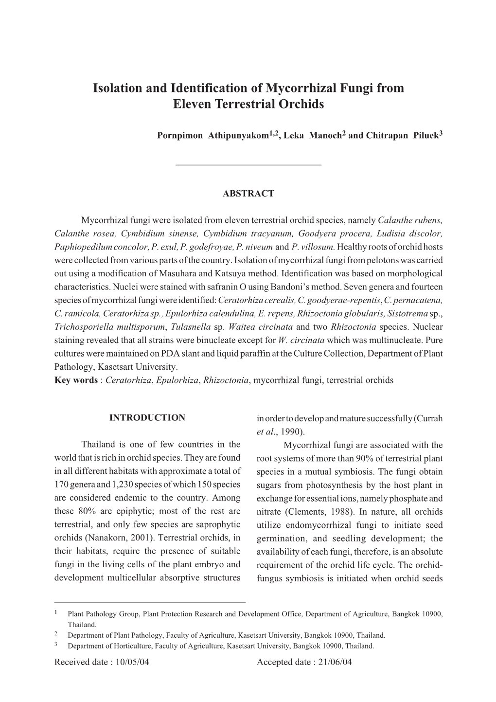 Isolation and Identification of Mycorrhizal Fungi from Eleven Terrestrial Orchids