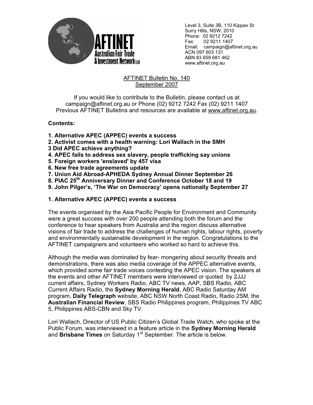 AFTINET Bulletin No. 140 September 2007 If You Would Like to Contribute