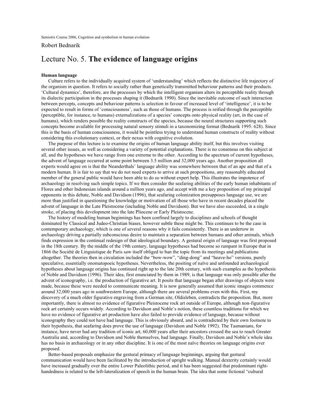 Lecture No. 5. the Evidence of Language Origins