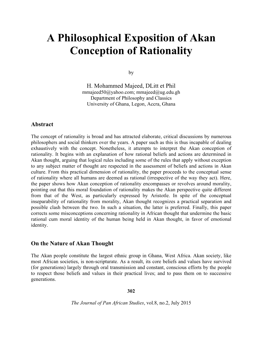 A Philosophical Exposition of Akan Conception of Rationality