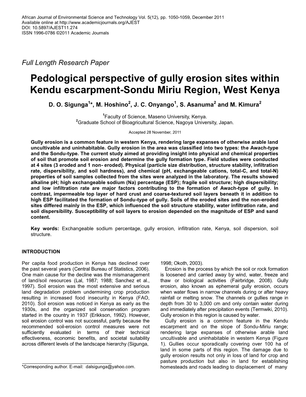 Pedological Perspective of Gully Erosion Sites Within Kendu Escarpment-Sondu Miriu Region, West Kenya