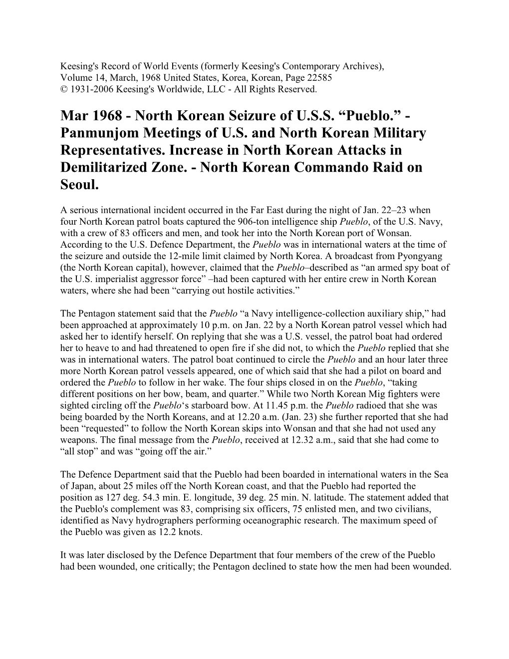 Mar 1968 - North Korean Seizure of U.S.S