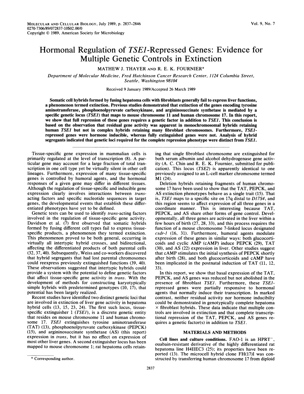 Hormonal Regulation of TSEI-Repressed Genes:Evidence