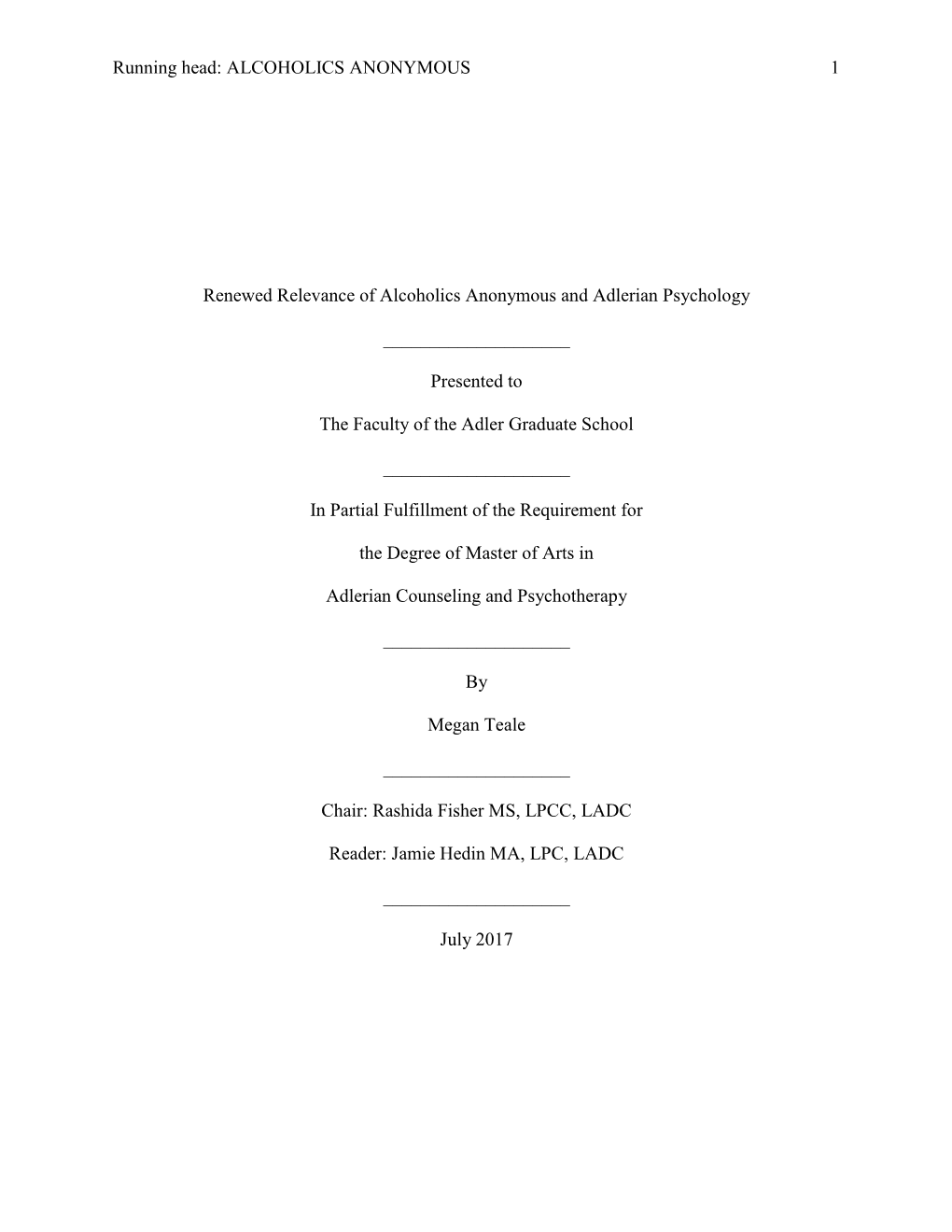 ALCOHOLICS ANONYMOUS 1 Renewed Relevance of Alcoholics Anonymous and Adlerian Psychology