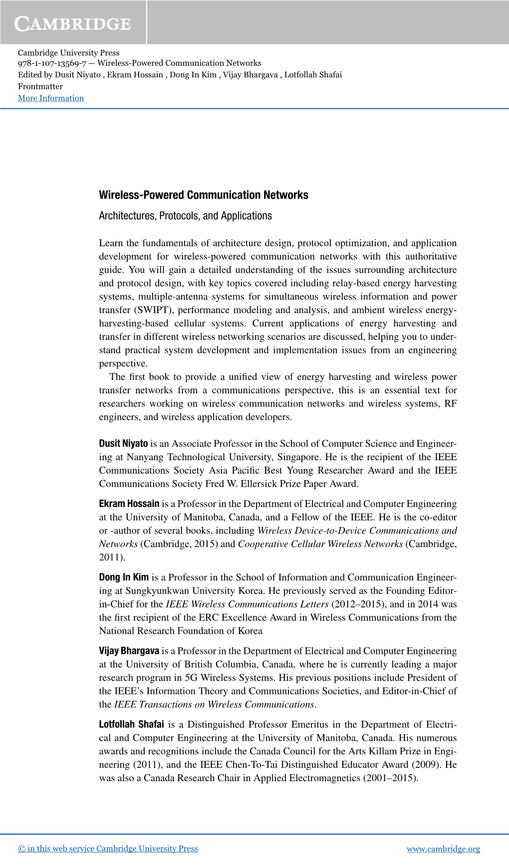 Wireless-Powered Communication Networks Edited by Dusit Niyato , Ekram Hossain , Dong in Kim , Vijay Bhargava , Lotfollah Shafai Frontmatter More Information