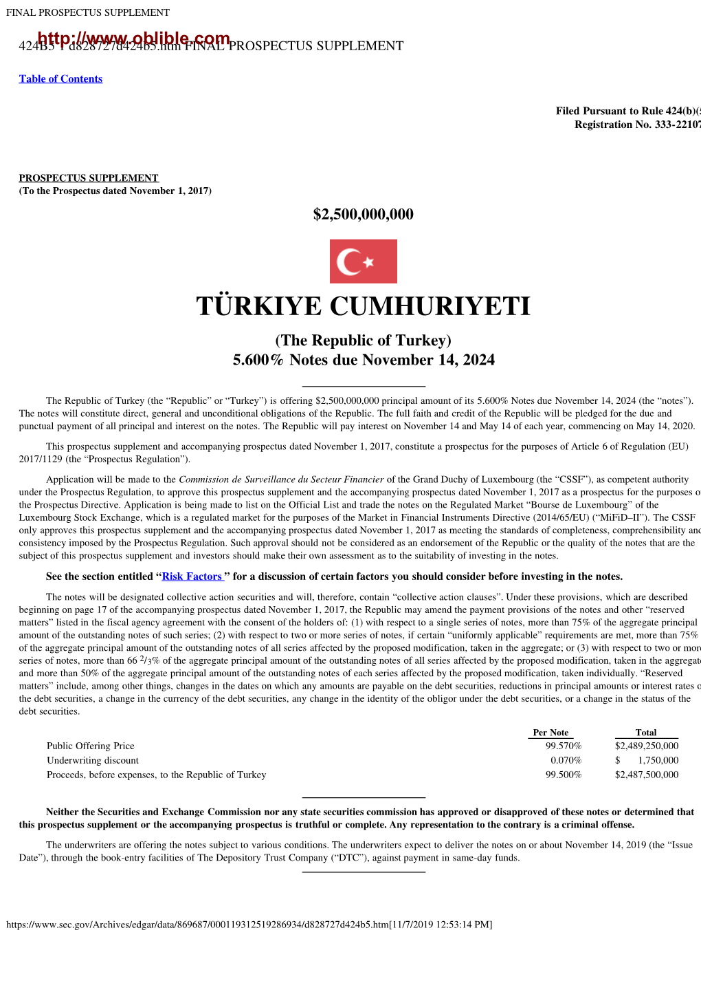 TÜRKIYE CUMHURIYETI (The Republic of Turkey) 5.600% Notes Due November 14, 2024