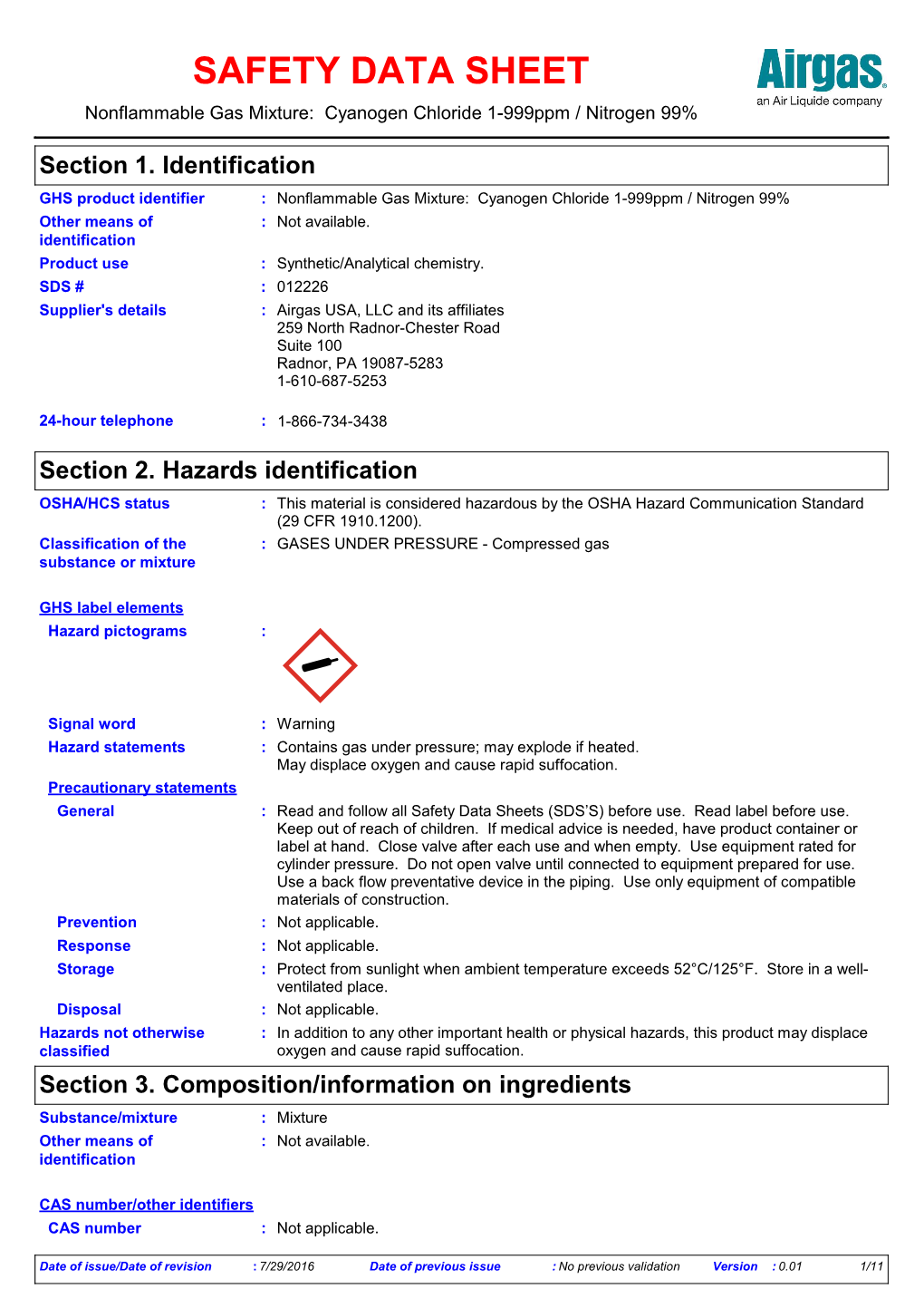 SAFETY DATA SHEET Nonflammable Gas Mixture: Cyanogen Chloride 1-999Ppm / Nitrogen 99%