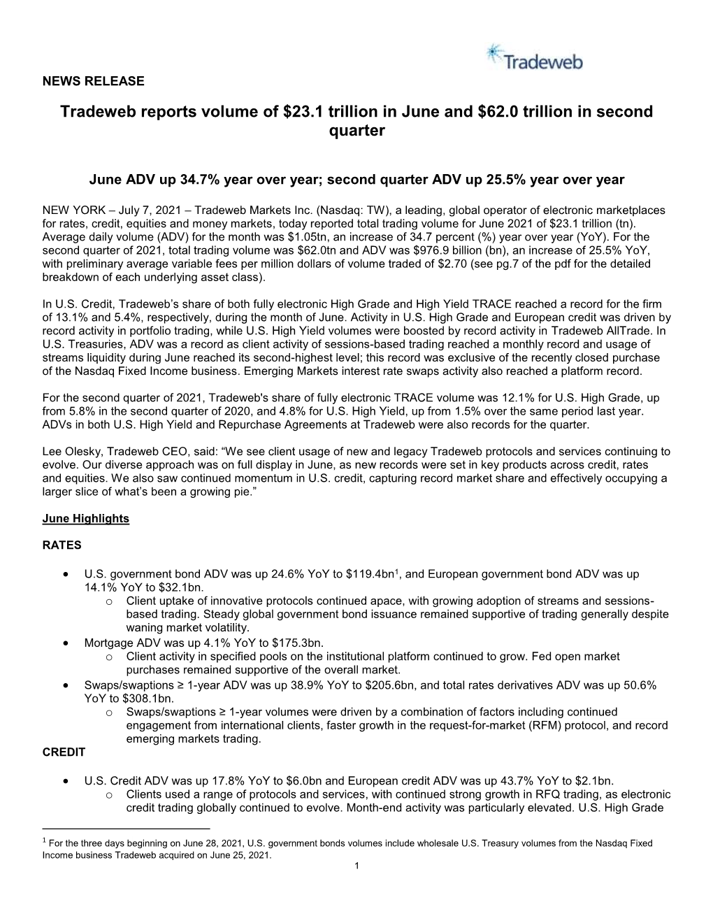 Tradeweb Markets June 2021 MAR Press Release Final.Pdf