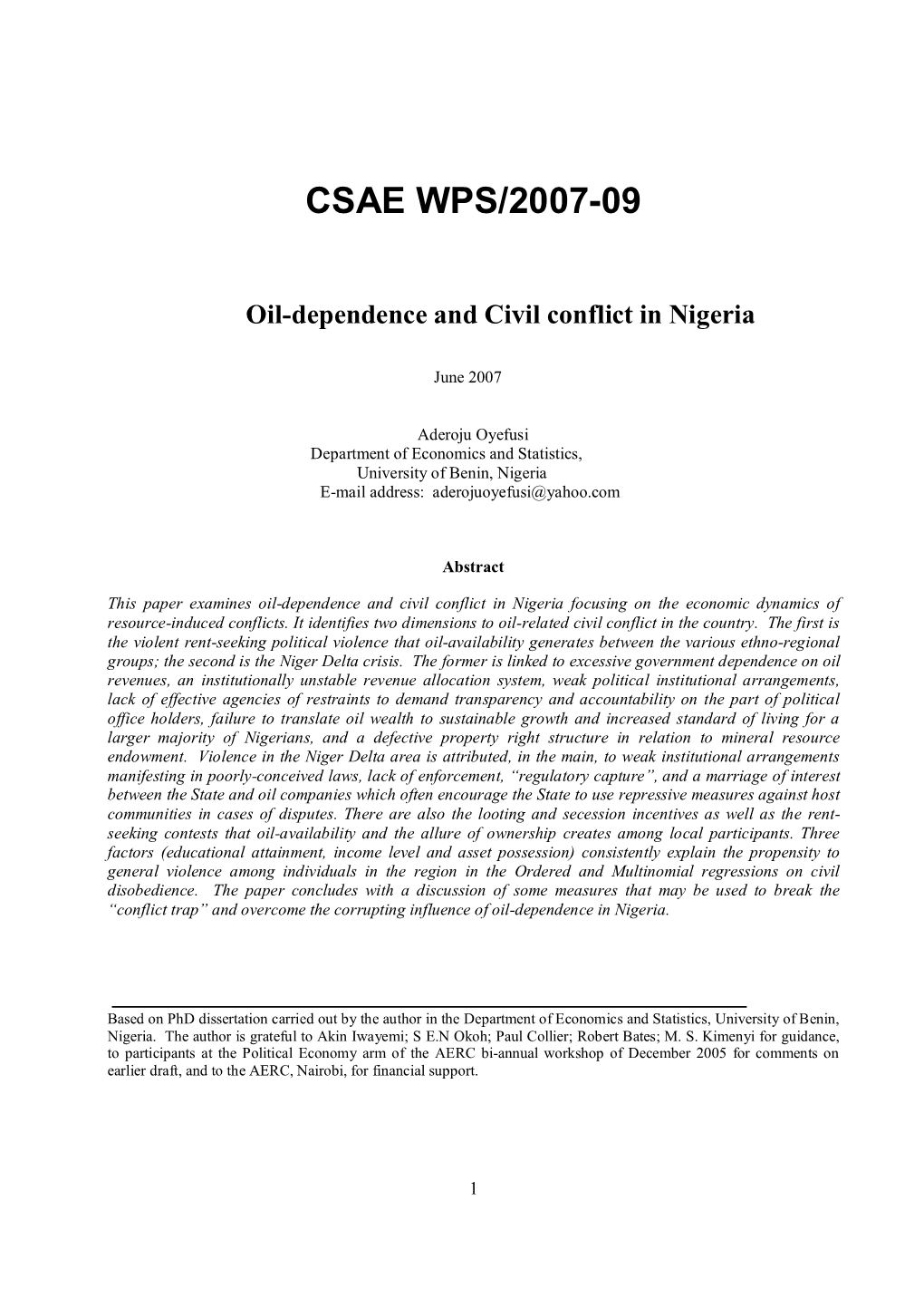 Oil-Dependence and Civil Conflict in Nigeria