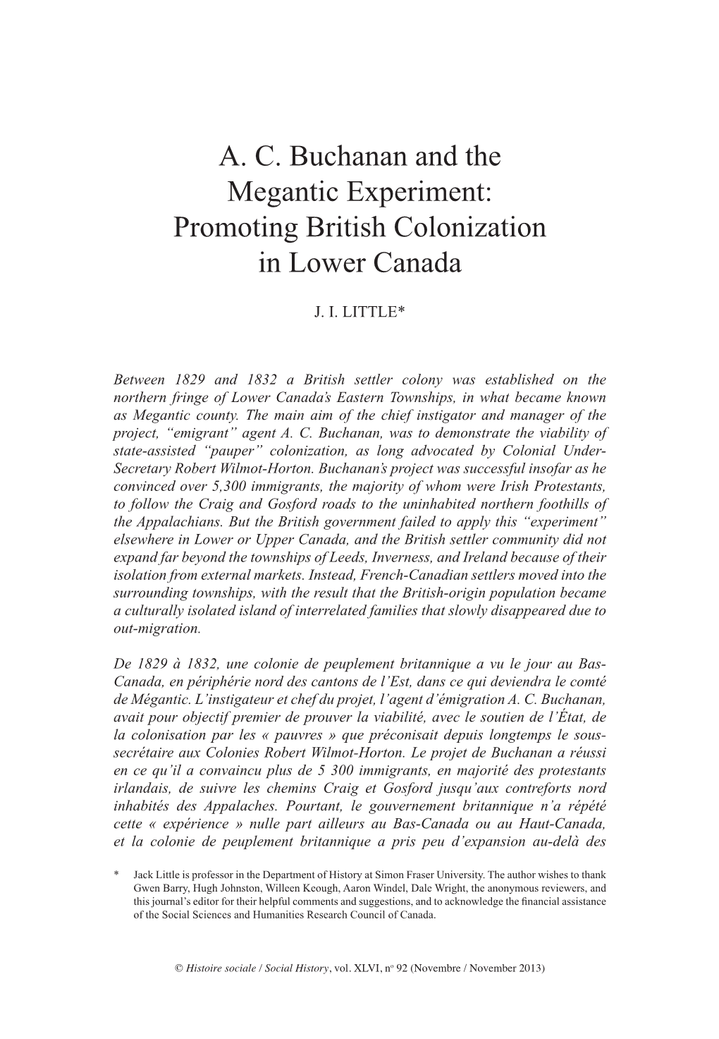 AC Buchanan and the Megantic Experiment