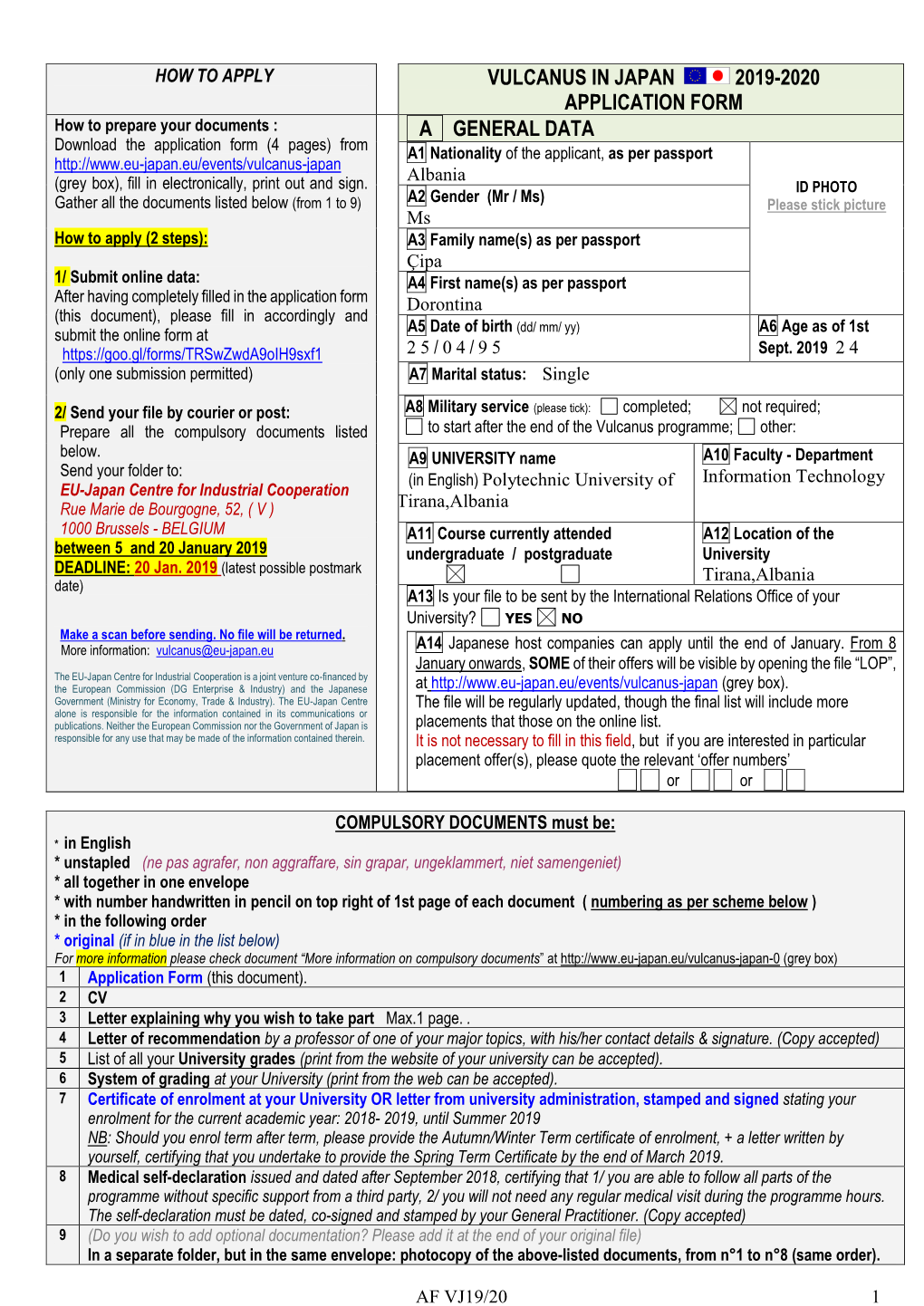 Vulcanus in Japan 2019-2020 Application Form a General