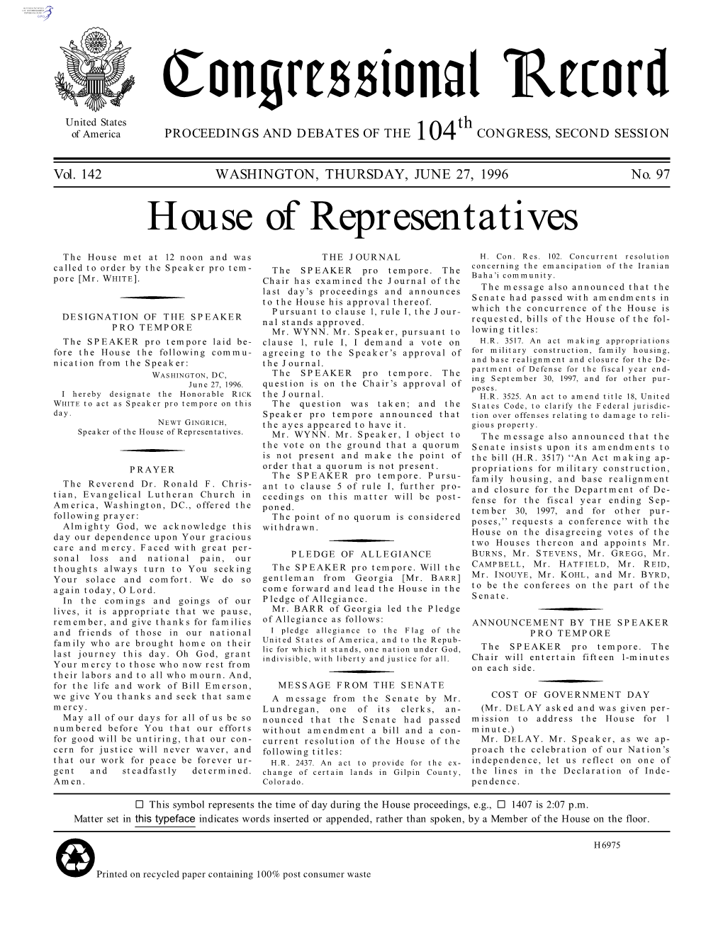 Congressional Record United States Th of America PROCEEDINGS and DEBATES of the 104 CONGRESS, SECOND SESSION