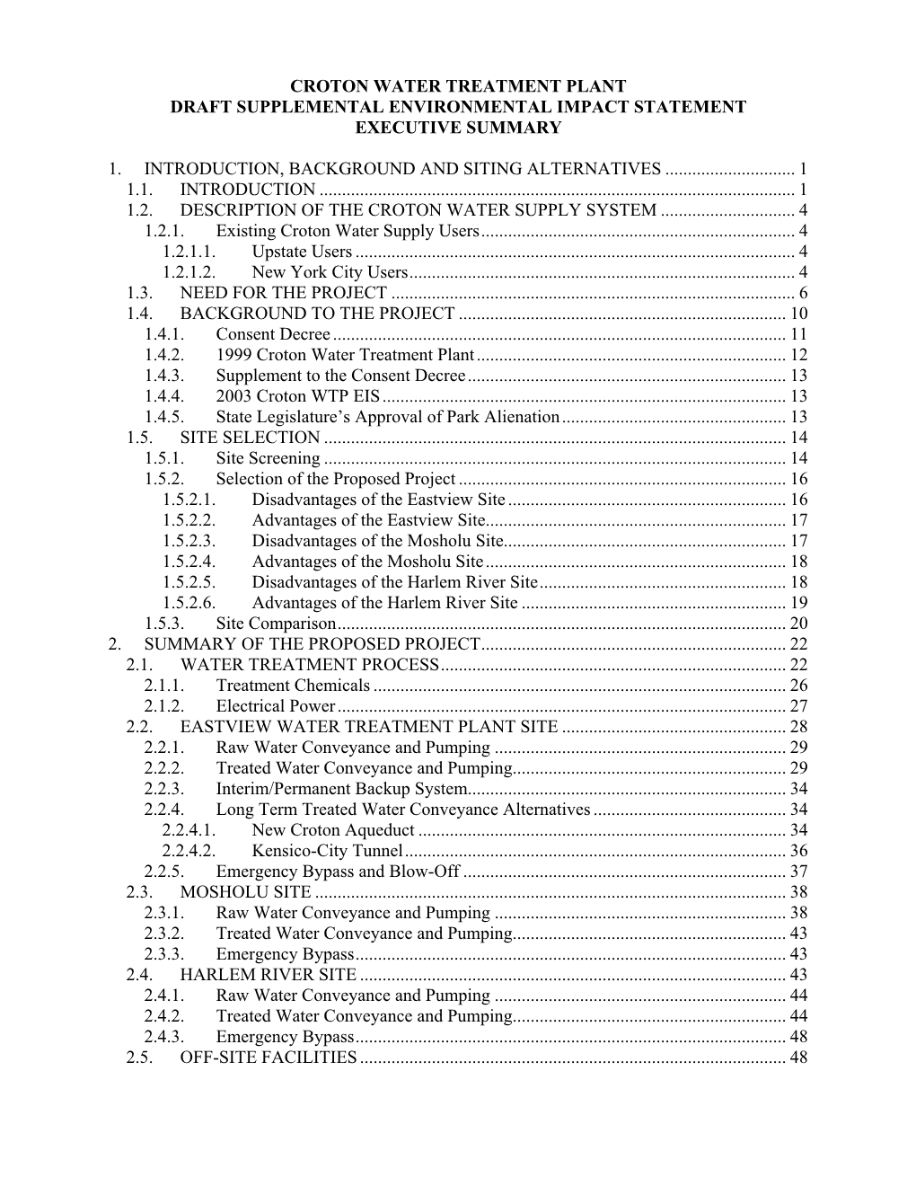 Croton Water Treatment Plant Draft Supplemental Environmental Impact Statement Executive Summary 1. Introduction, Background