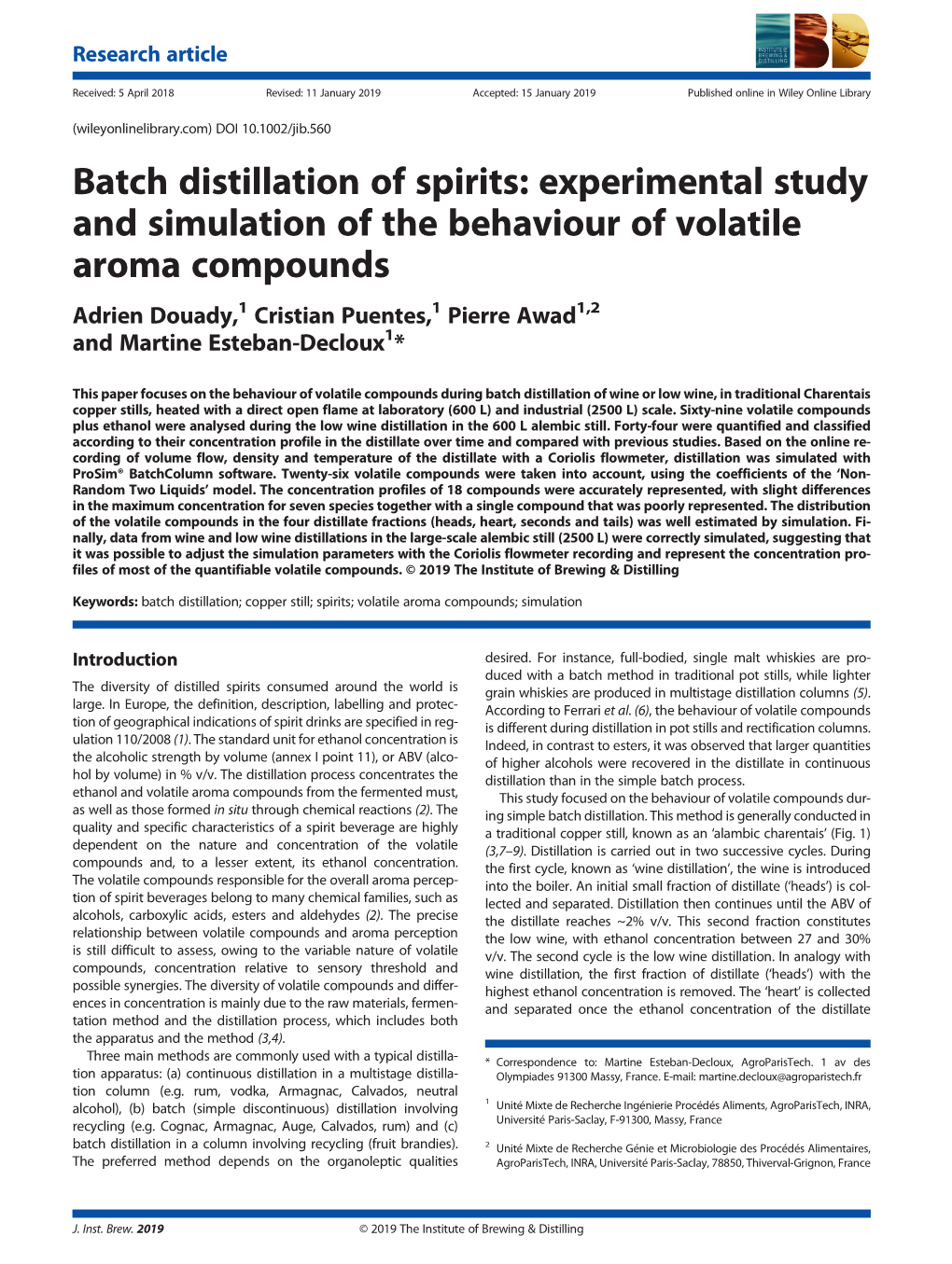 Batch Distillation of Spirits: Experimental Study and Simulation