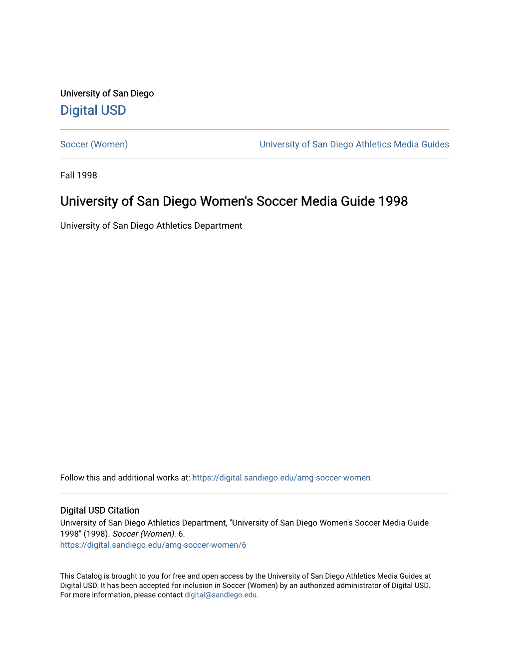 University of San Diego Women's Soccer Media Guide 1998