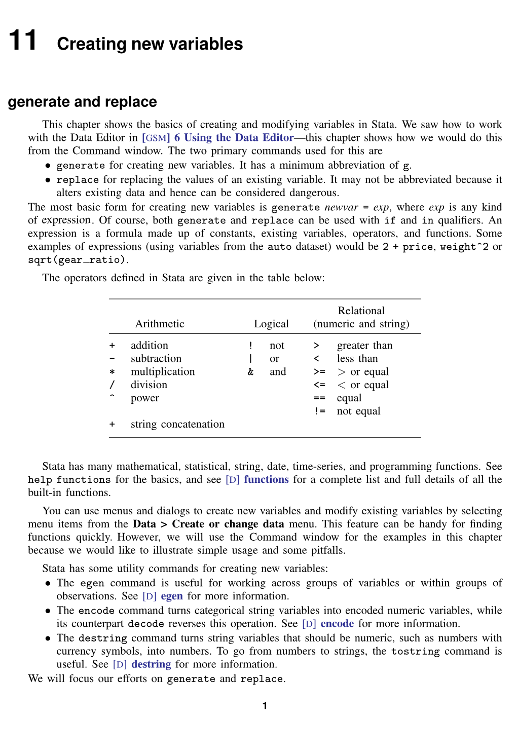 11 Creating New Variables Generate and Replace This Chapter Shows the Basics of Creating and Modifying Variables in Stata