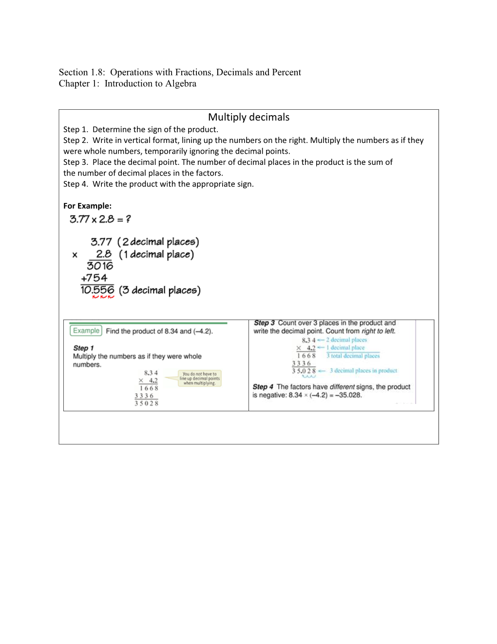 Operations with Fractions, Decimals and Percent Chapter 1: Introduction to Algebra