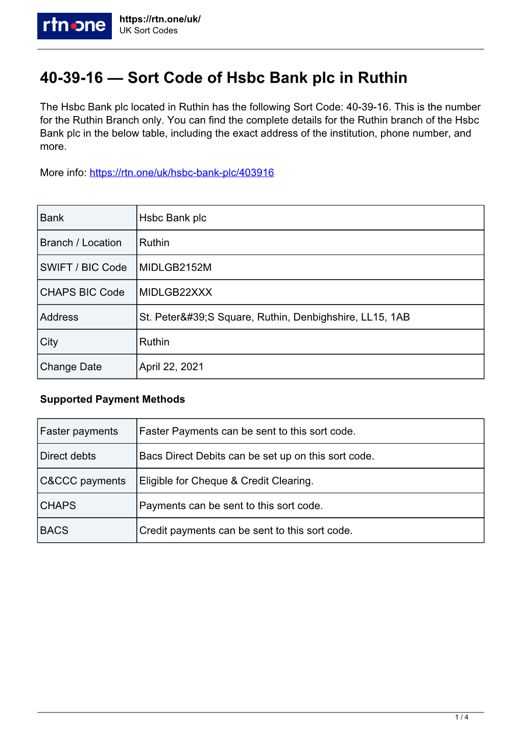 Sort Code 403916 of Hsbc Bank Plc in Ruthin