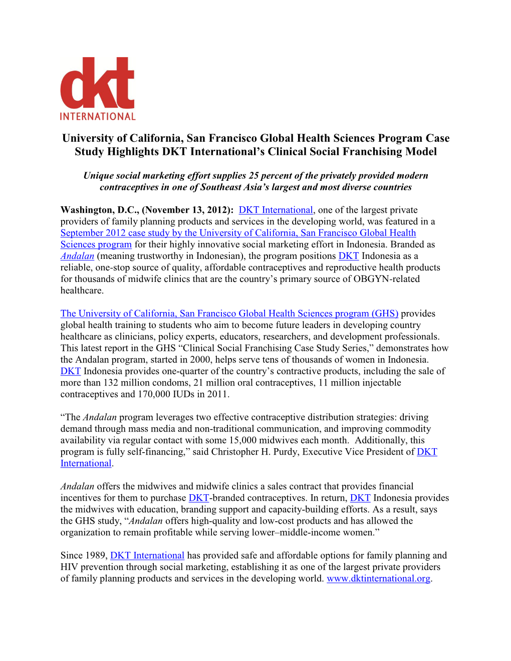 University of California, San Francisco Global Health Sciences Program Case Study Highlights DKT International's Clinical Soci