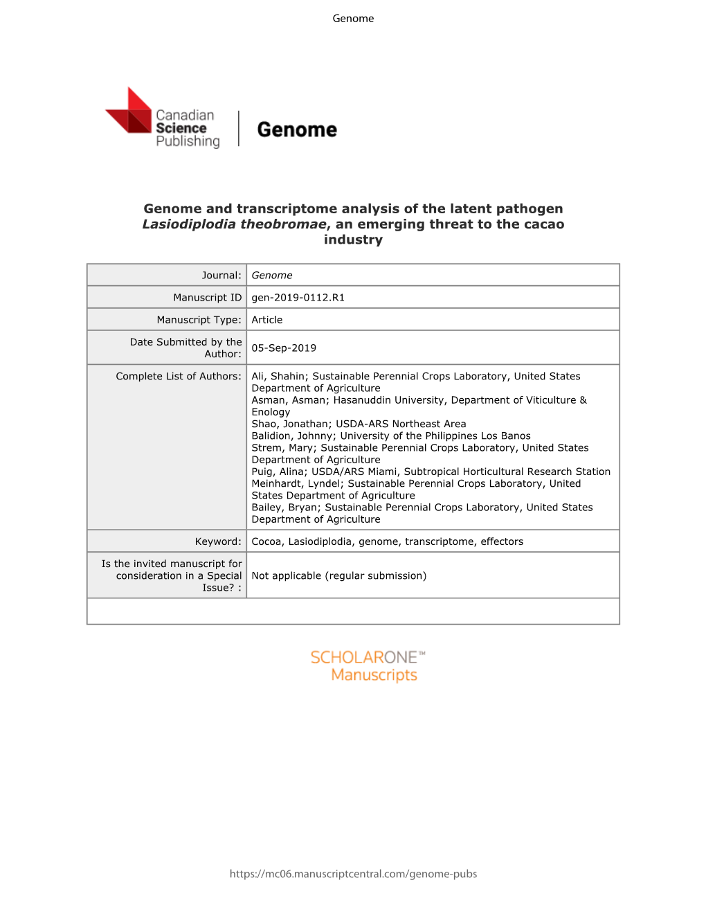 Genome and Transcriptome Analysis of the Latent Pathogen Lasiodiplodia Theobromae, an Emerging Threat to the Cacao Industry