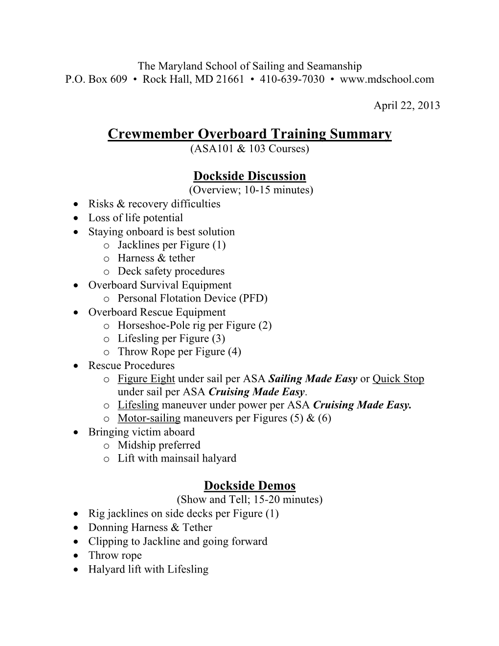 Crewmember Overboard Training Summary (ASA101 & 103 Courses)