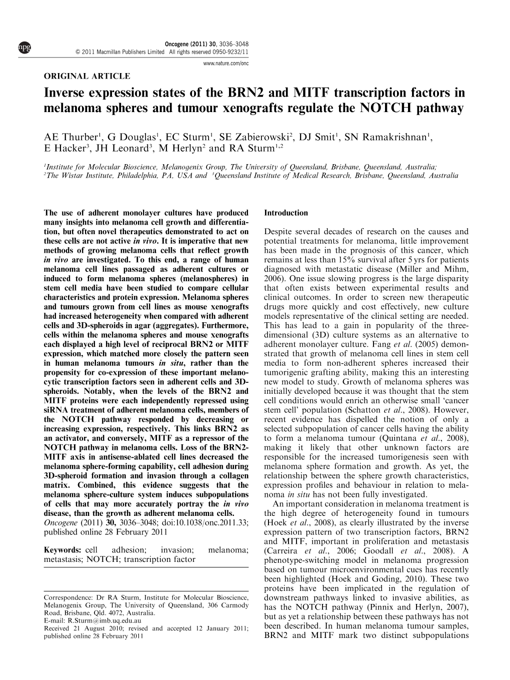 Inverse Expression States of the BRN2 and MITF Transcription Factors in Melanoma Spheres and Tumour Xenografts Regulate the NOTCH Pathway