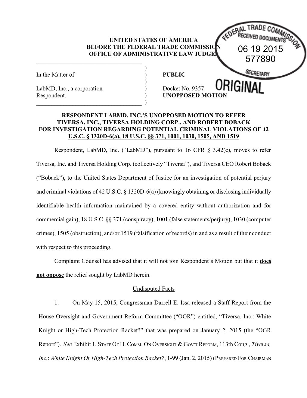 Tiversa, Inc., Tiversa Holding Corp., and Robert Boback for Investigation Regarding Potential Criminal Violations of 42 U.S.C