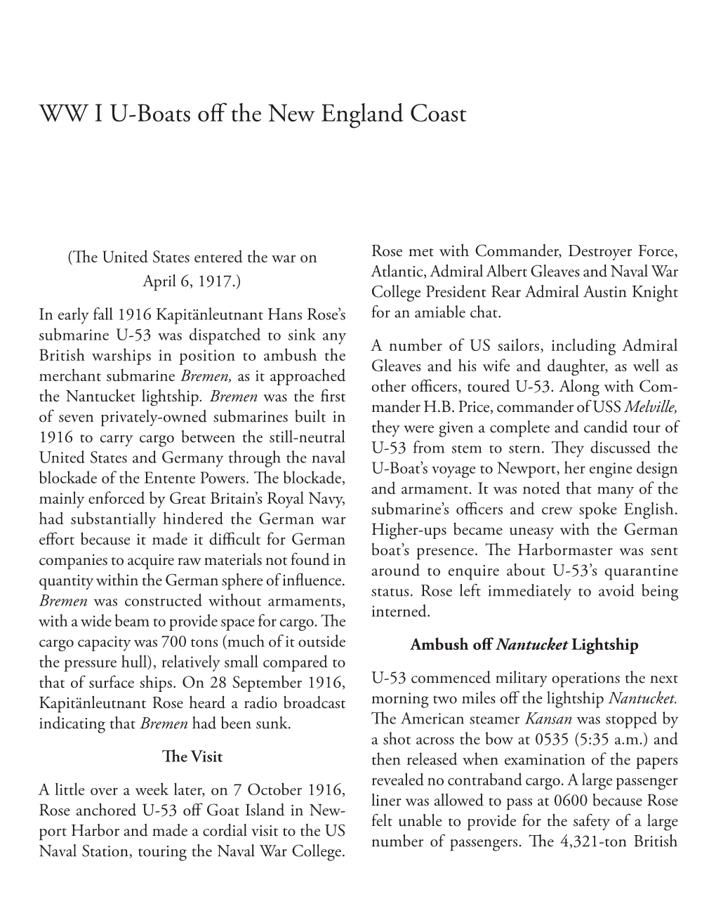 WW I U-Boats Off the New England Coast