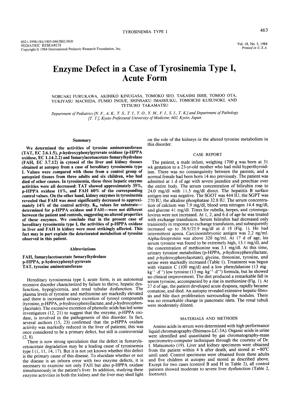 Enzyme Defect in a Case of Tyrosinemia Type I, Acute Form