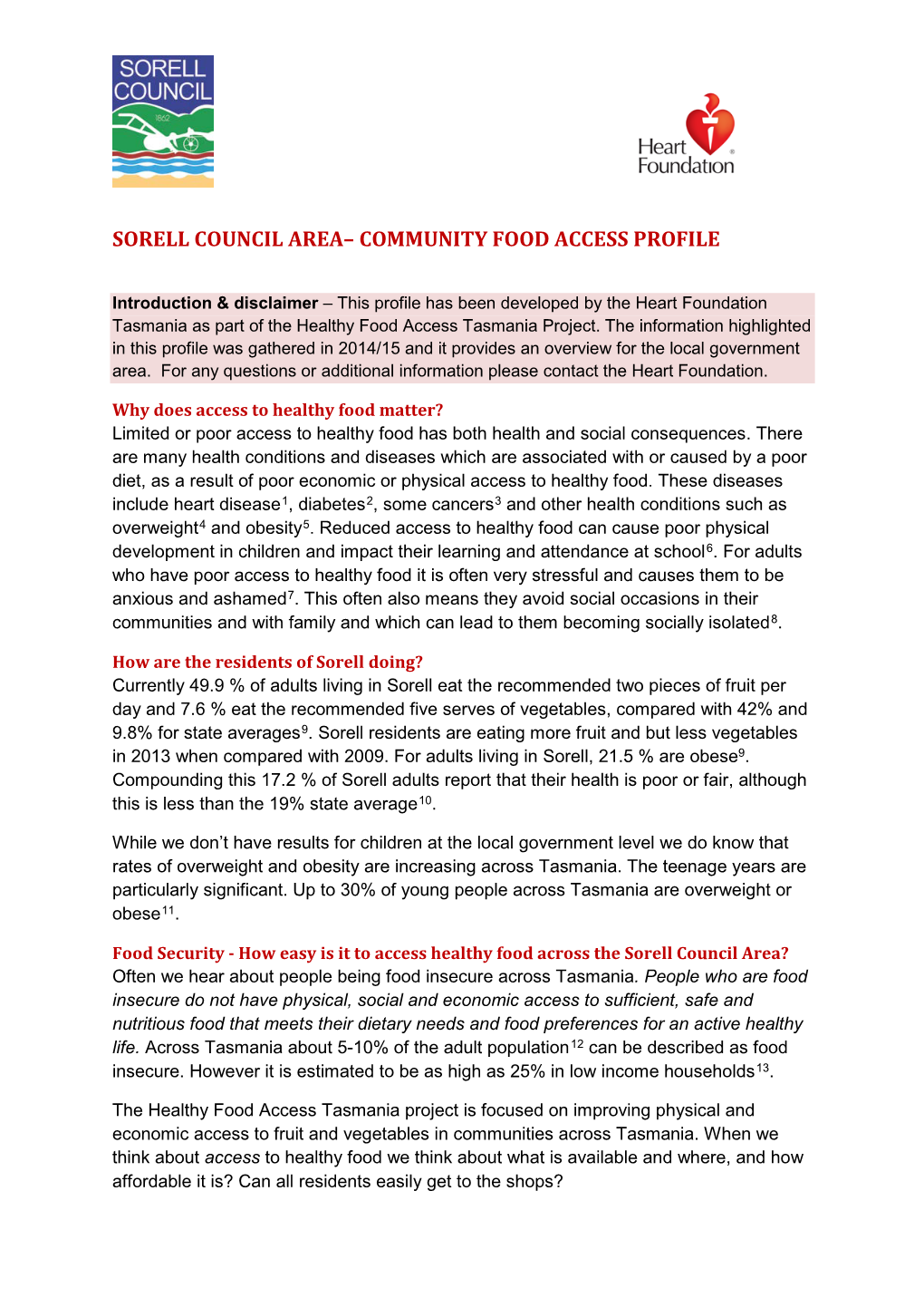 Sorell Council Area– Community Food Access Profile