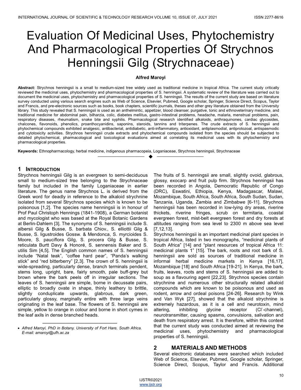 Evaluation of Medicinal Uses, Phytochemistry and Pharmacological Properties of Strychnos Henningsii Gilg (Strychnaceae)