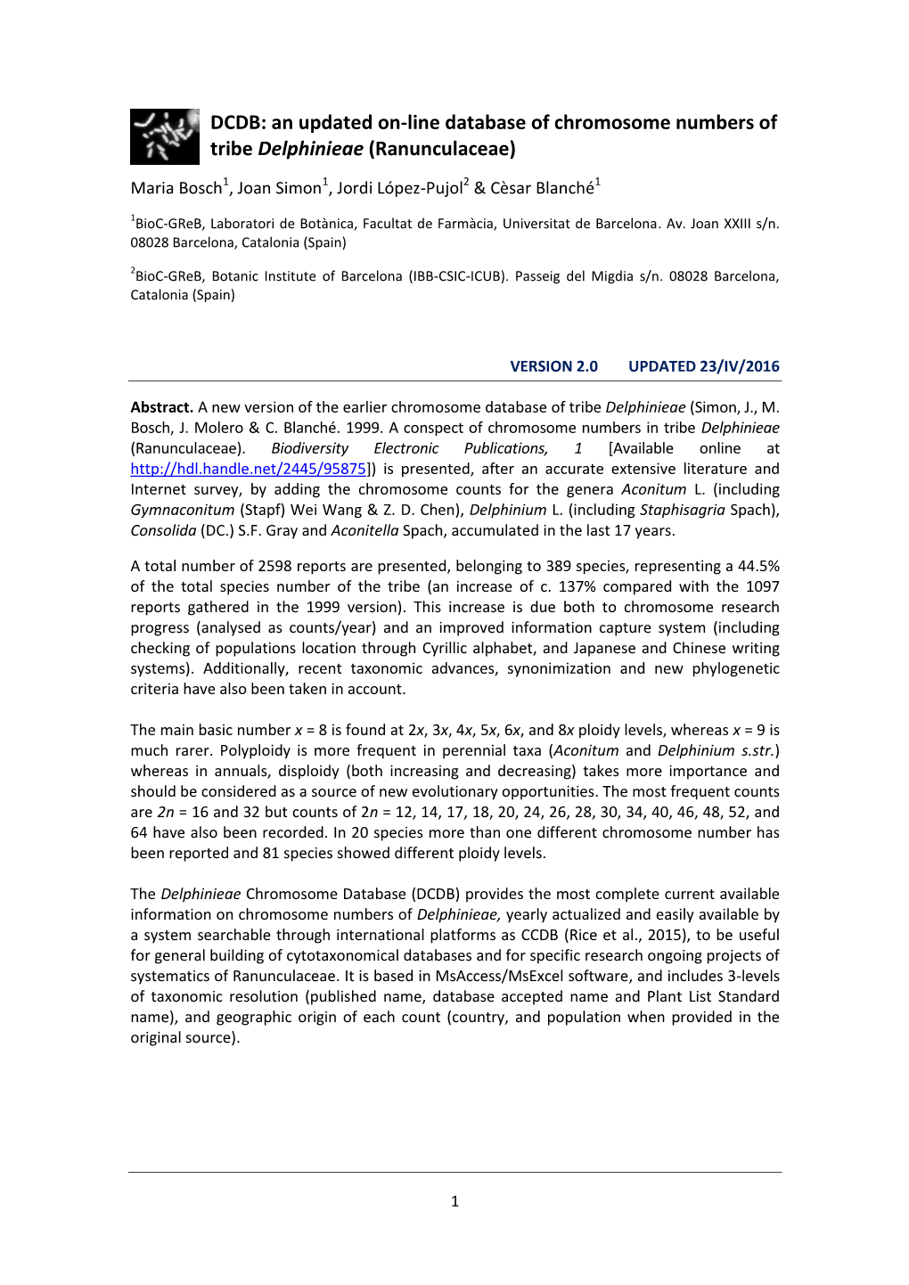 DCDB: an Updated On-Line Database of Chromosome Numbers of Tribe Delphinieae (Ranunculaceae)