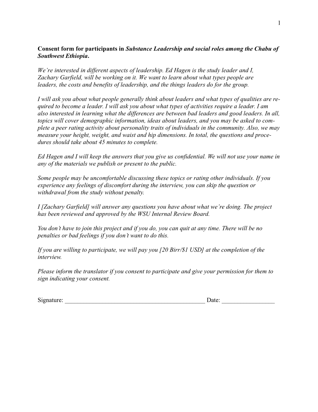 Consent Form for Participants in Substance Leadership and Social Roles Among the Chabu