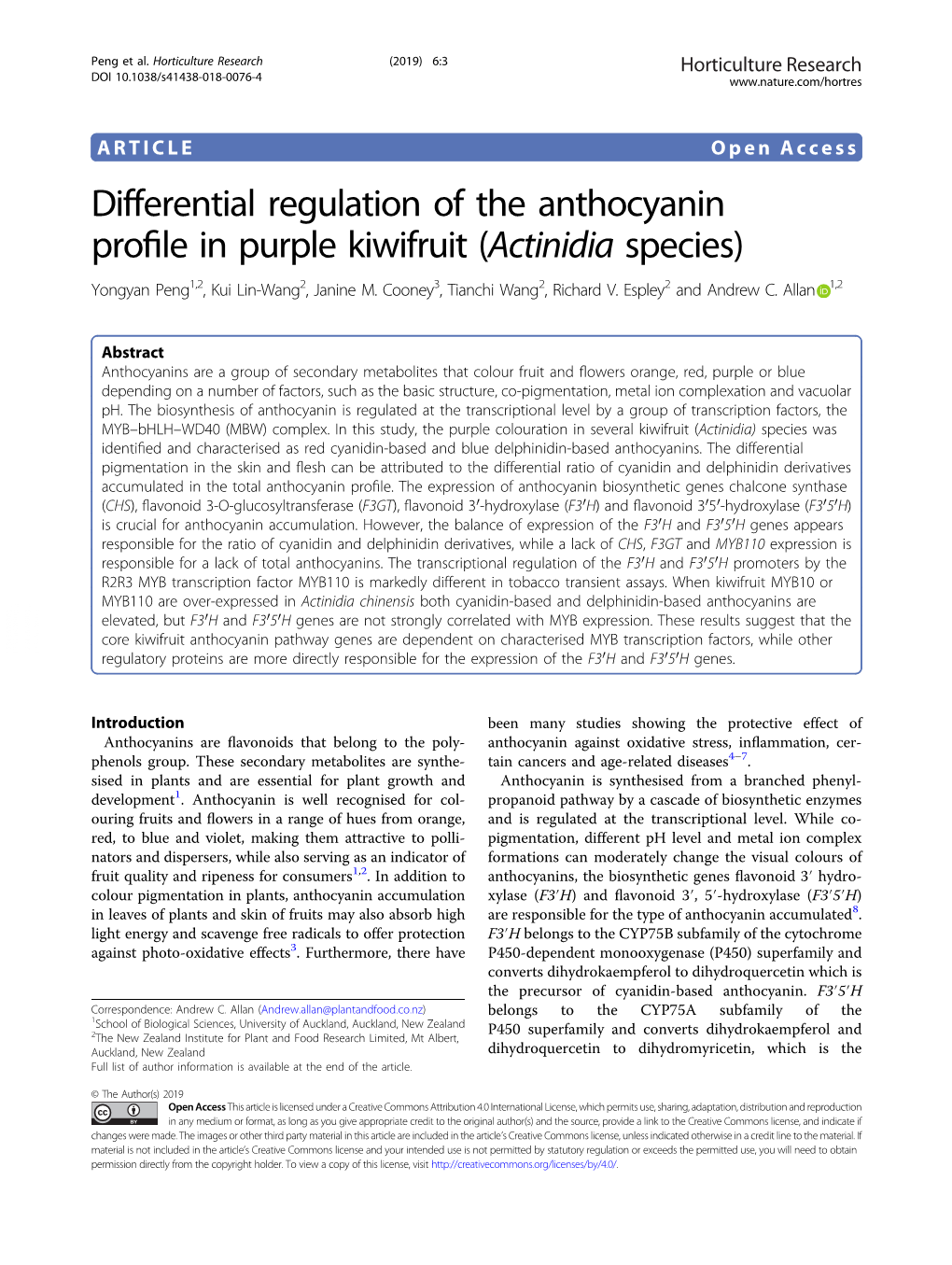 Differential Regulation of the Anthocyanin Profile in Purple Kiwifruit