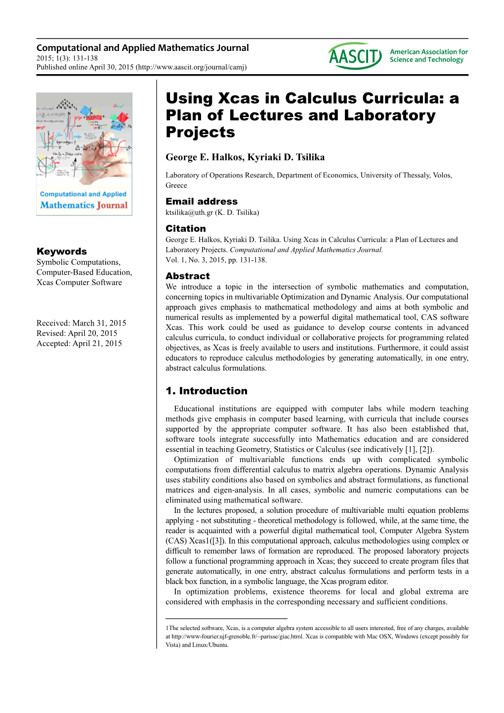 Using Xcas in Calculus Curricula: a Plan of Lectures and Laboratory Projects