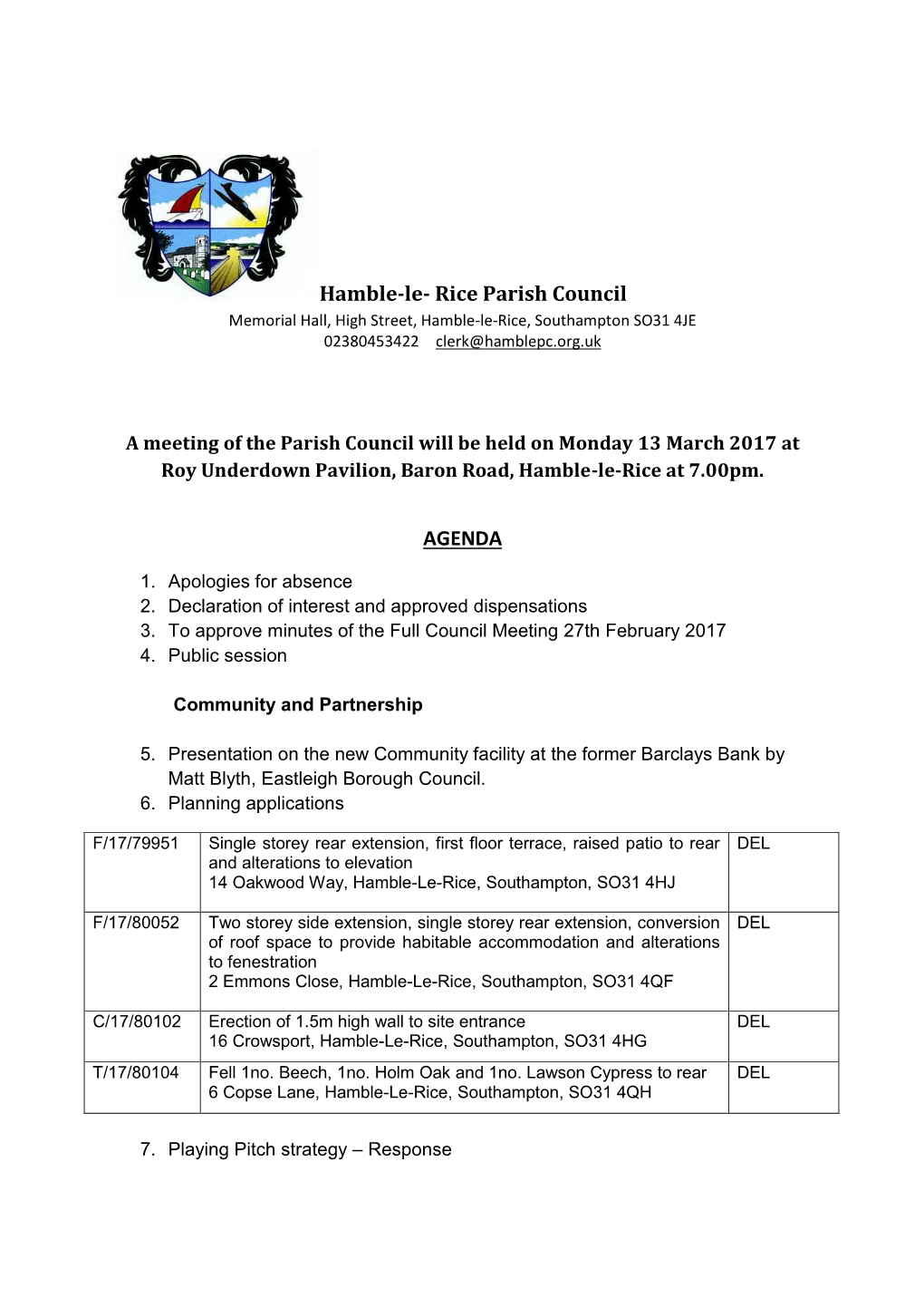 Hamble-Le- Rice Parish Council AGENDA