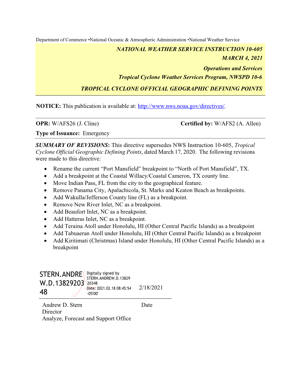 NWS Instruction 10-605, Tropical Cyclone Official Geographic Defining Points, Dated March 17, 2020